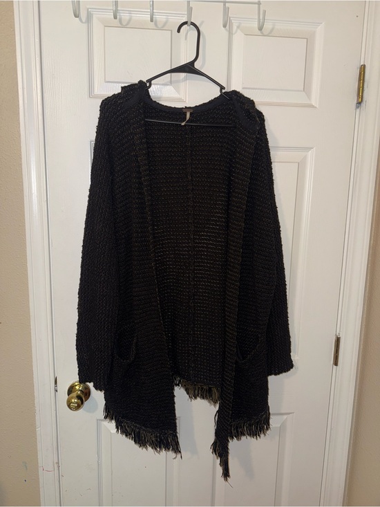 Free People Sweaters - Free People Black Hooded Fringe Open-Front Cardigan